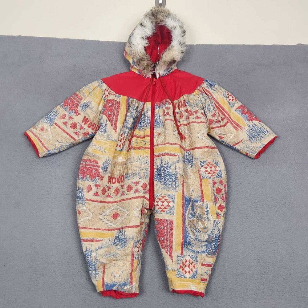 Vintage Palomino Snowsuit Toddler 12-18M Beige Wolf Trees Hooded Puffer